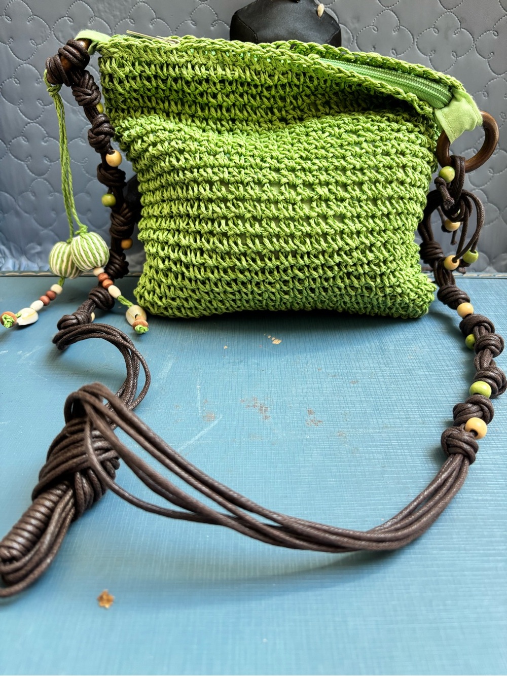 Green Crochet Crossbody Bag with Beaded Strap
